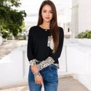  Long Sleeve Leopard Print Color Block Top with Sequin Pocket Detail