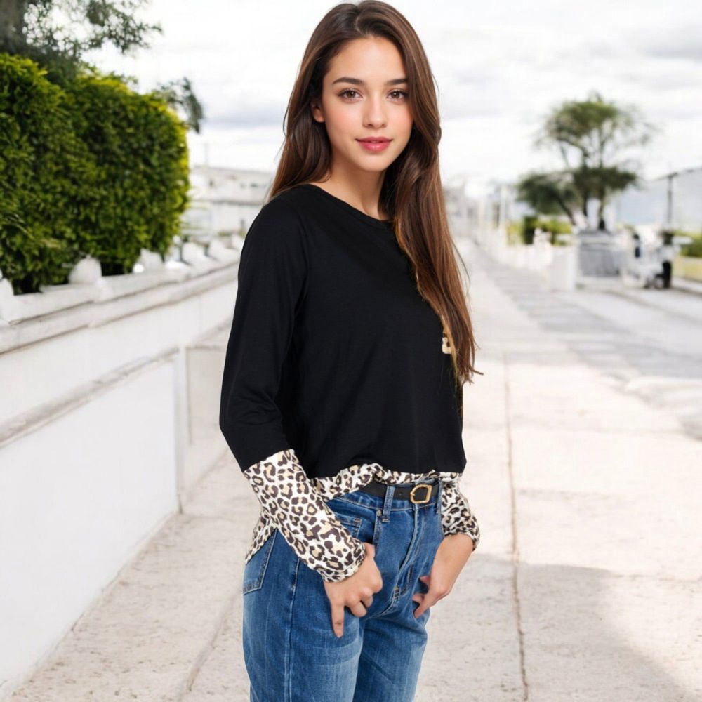 Long Sleeve Leopard Print Color Block Top with Sequin Pocket Detail