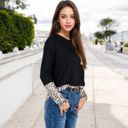  Long Sleeve Leopard Print Color Block Top with Sequin Pocket Detail