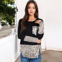  Long Sleeve Leopard Print Color Block Top with Sequin Pocket Detail