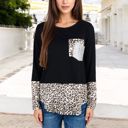  Long Sleeve Leopard Print Color Block Top with Sequin Pocket Detail