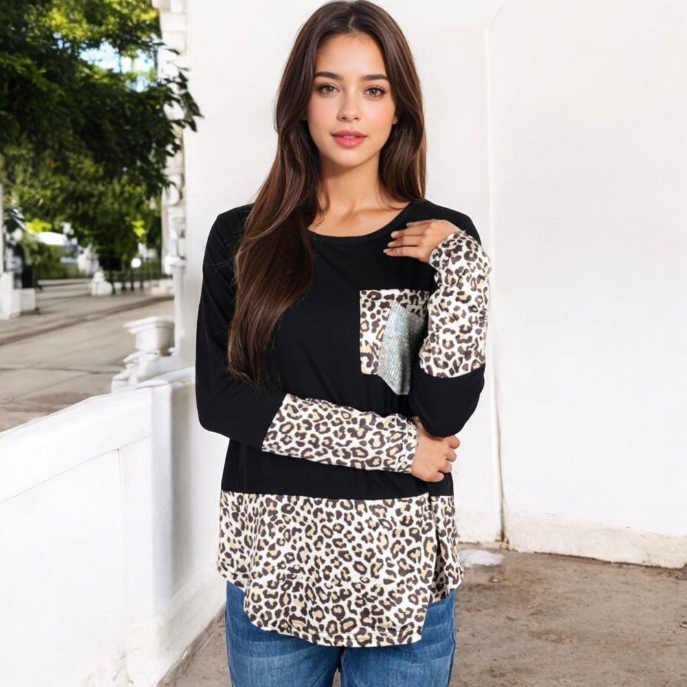 Long Sleeve Leopard Print Color Block Top with Sequin Pocket Detail