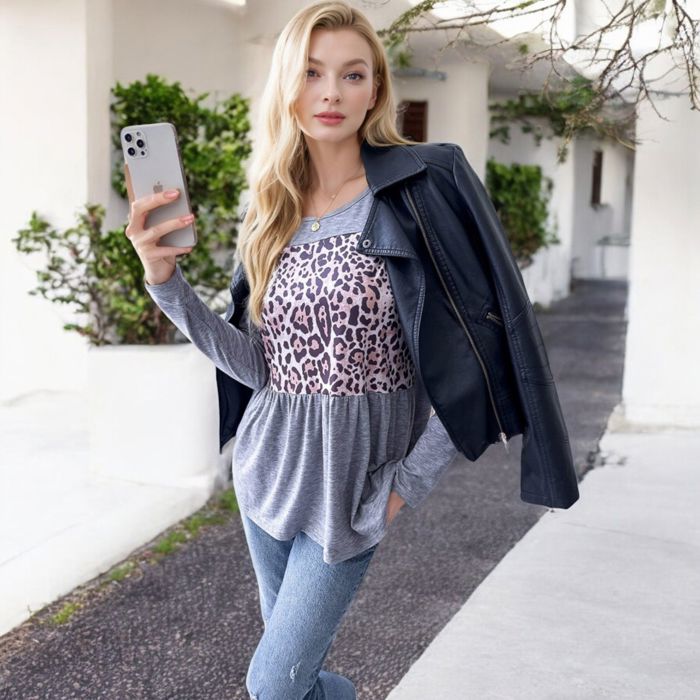 Leopard Print Long Sleeve Pullover Sweatshirt