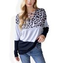 Black Large Color Block Leopard Print Long Sleeve V-Neck Pullover