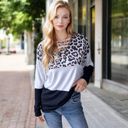 Black Large Color Block Leopard Print Long Sleeve V-Neck Pullover