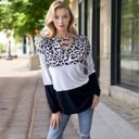 Black Large Color Block Leopard Print Long Sleeve V-Neck Pullover