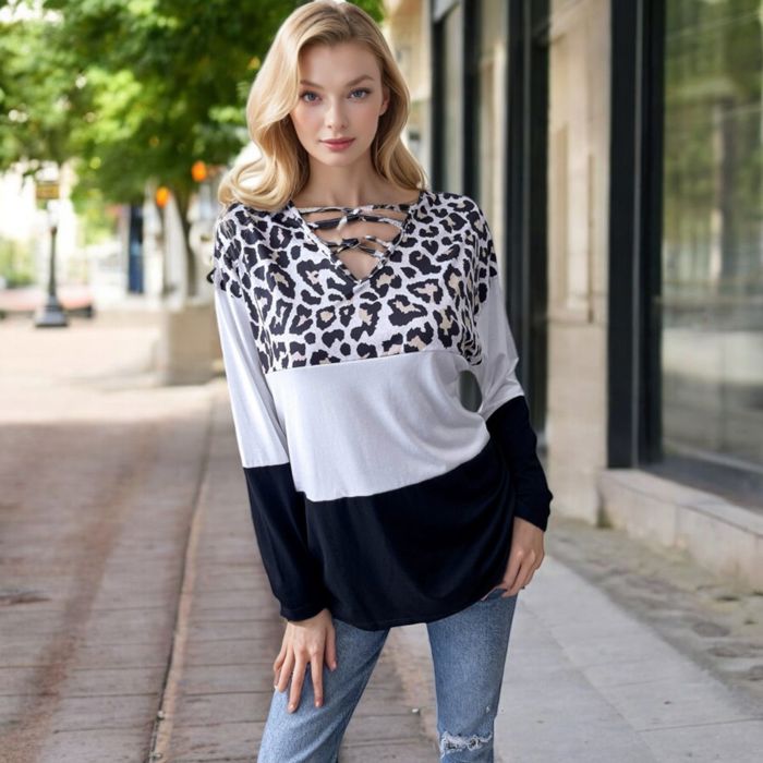 Color Block Leopard Print Long Sleeve V-Neck Pullover