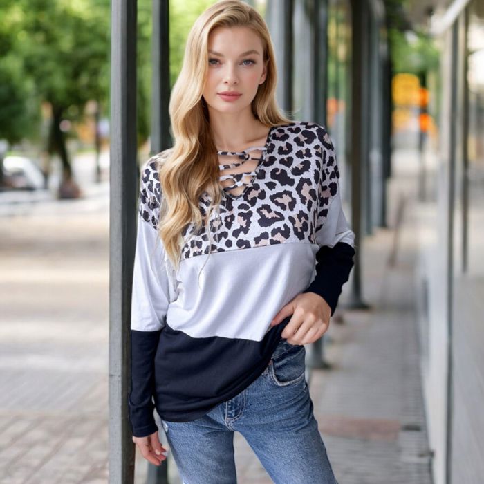 Color Block Leopard Print Long Sleeve V-Neck Pullover