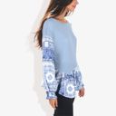  Handkerchief Hem Paisley Contrast Waffle Knit Bishop Sleeve Pullover