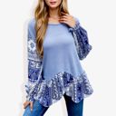 Blue Large Handkerchief Hem Paisley Contrast Waffle Knit Bishop Sleeve Pullover