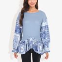 Blue Large Handkerchief Hem Paisley Contrast Waffle Knit Bishop Sleeve Pullover