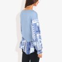 Blue Large Handkerchief Hem Paisley Contrast Waffle Knit Bishop Sleeve Pullover