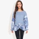 Blue Large Handkerchief Hem Paisley Contrast Waffle Knit Bishop Sleeve Pullover