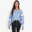 Blue Medium Handkerchief Hem Paisley Contrast Waffle Knit Bishop Sleeve Pullover