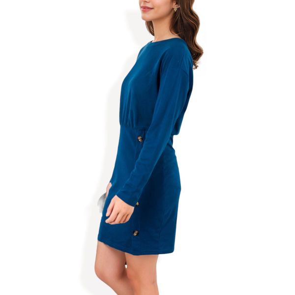 Long Sleeve Button-Detail Bodycon Dress with Side Wrap Design