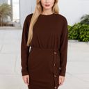 Brown Medium Long Sleeve Button-Detail Bodycon Dress with Side Wrap Design