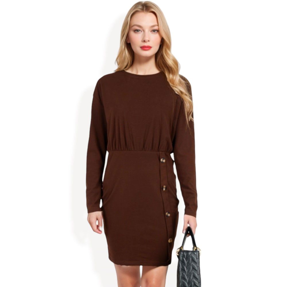 Long Sleeve Button-Detail Bodycon Dress with Side Wrap Design