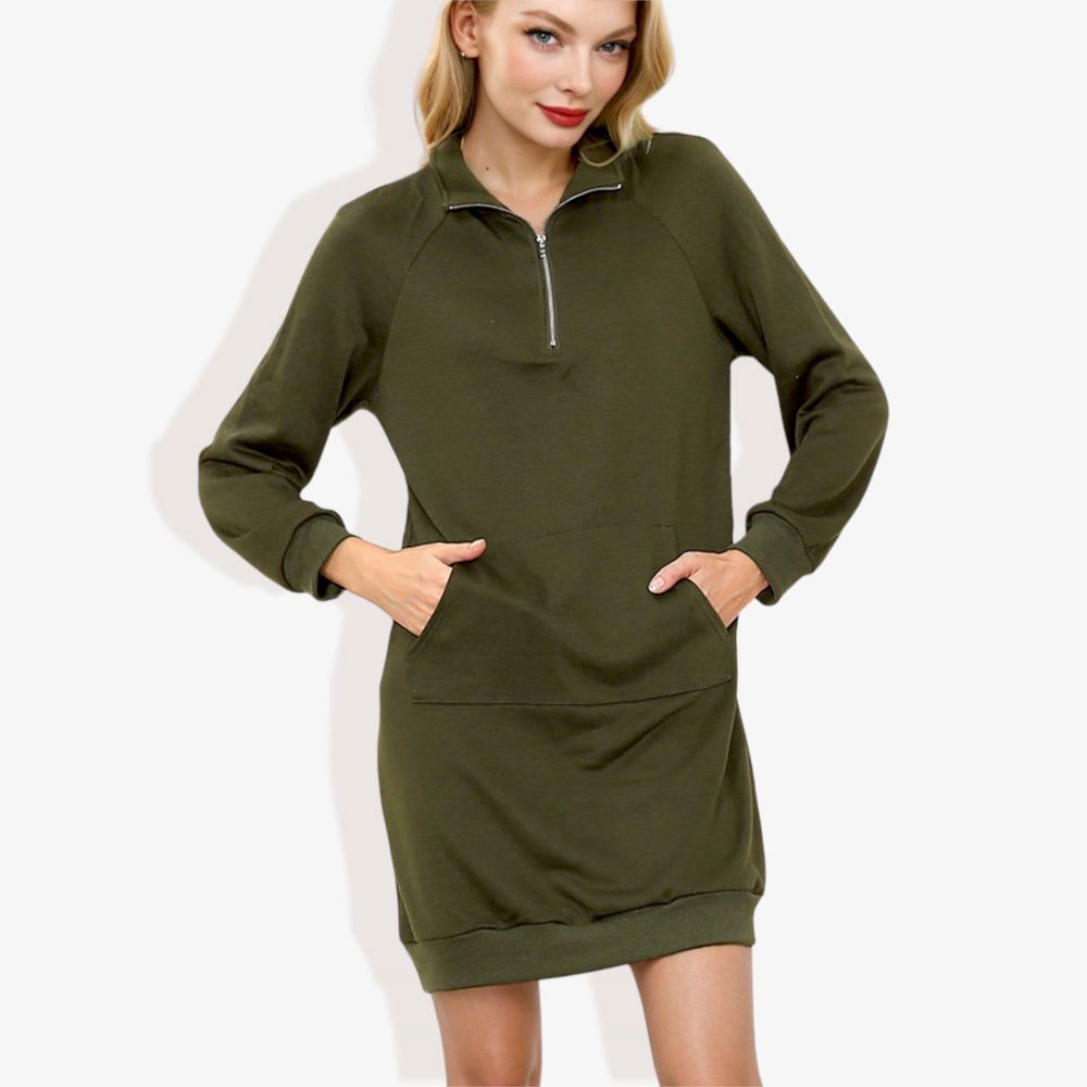 Cuffed Long Sleeve Solid Kangaroo Pocket Zipper Mini Dress