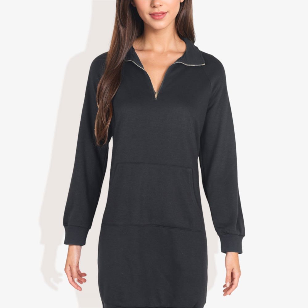 Cuffed Long Sleeve Solid Kangaroo Pocket Zipper Mini Dress