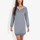 Gray Large Cuffed Long Sleeve Solid Kangaroo Pocket Zipper Mini Dress