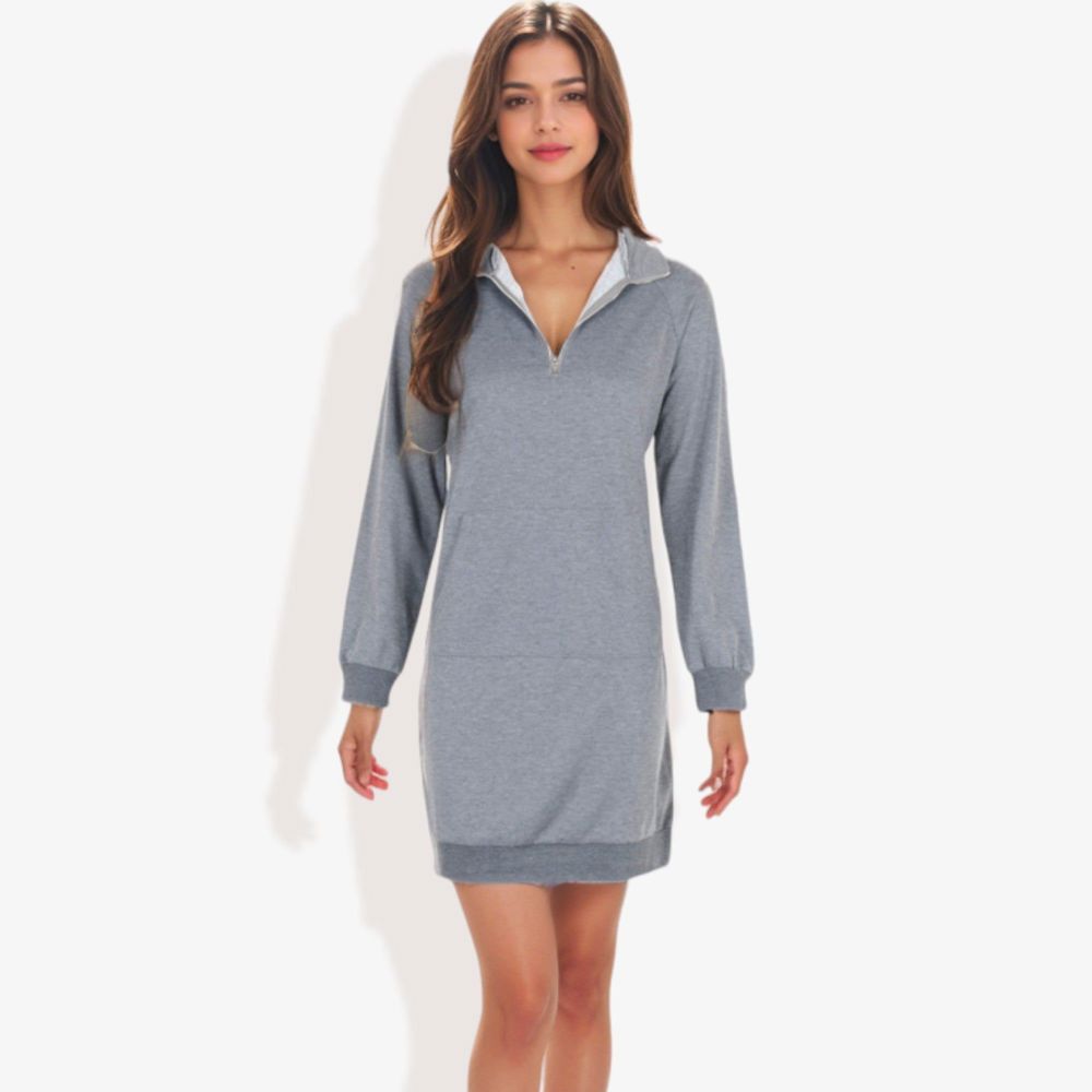 Cuffed Long Sleeve Solid Kangaroo Pocket Zipper Mini Dress