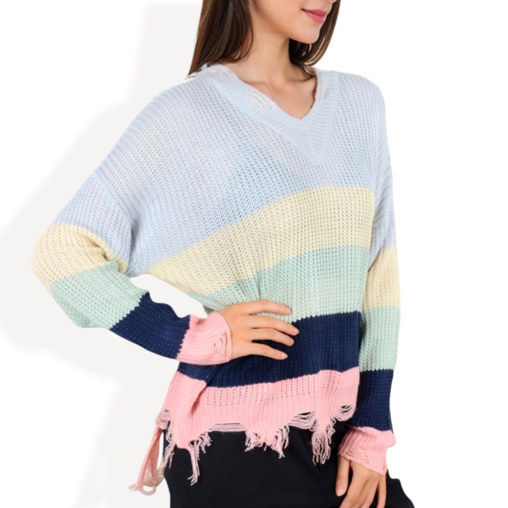 Long Sleeve Distressed Knit Sweater V-Neck Striped Pattern for Casual Everyday Layering