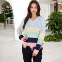  Long Sleeve Distressed Knit Sweater V-Neck Striped Pattern for Casual Everyday Layering