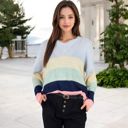  Long Sleeve Distressed Knit Sweater V-Neck Striped Pattern for Casual Everyday Layering