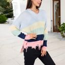  Long Sleeve Distressed Knit Sweater V-Neck Striped Pattern for Casual Everyday Layering