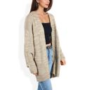 Beige Large Open Front Cable Knit Cardigan Sweater Long Sleeve Cozy Slouchy Fit with Textured Detailing