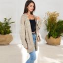 Beige Medium Open Front Cable Knit Cardigan Sweater Long Sleeve Cozy Slouchy Fit with Textured Detailing