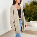 Beige Medium Open Front Cable Knit Cardigan Sweater Long Sleeve Cozy Slouchy Fit with Textured Detailing