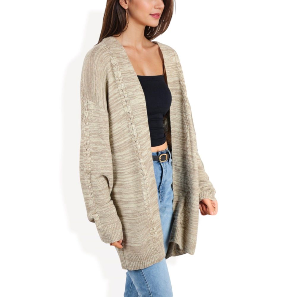 Open Front Cable Knit Cardigan Sweater Long Sleeve Cozy Slouchy Fit with Textured Detailing