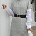 Gray Large Cable Knit Sweater Dress with Mock Neck and Short Sleeves