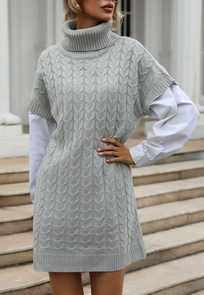 Cable Knit Sweater Dress with Mock Neck and Short Sleeves