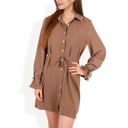  Button-Down Shirt Dress with Tie Waist and Long Sleeves