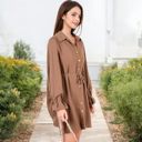  Button-Down Shirt Dress with Tie Waist and Long Sleeves