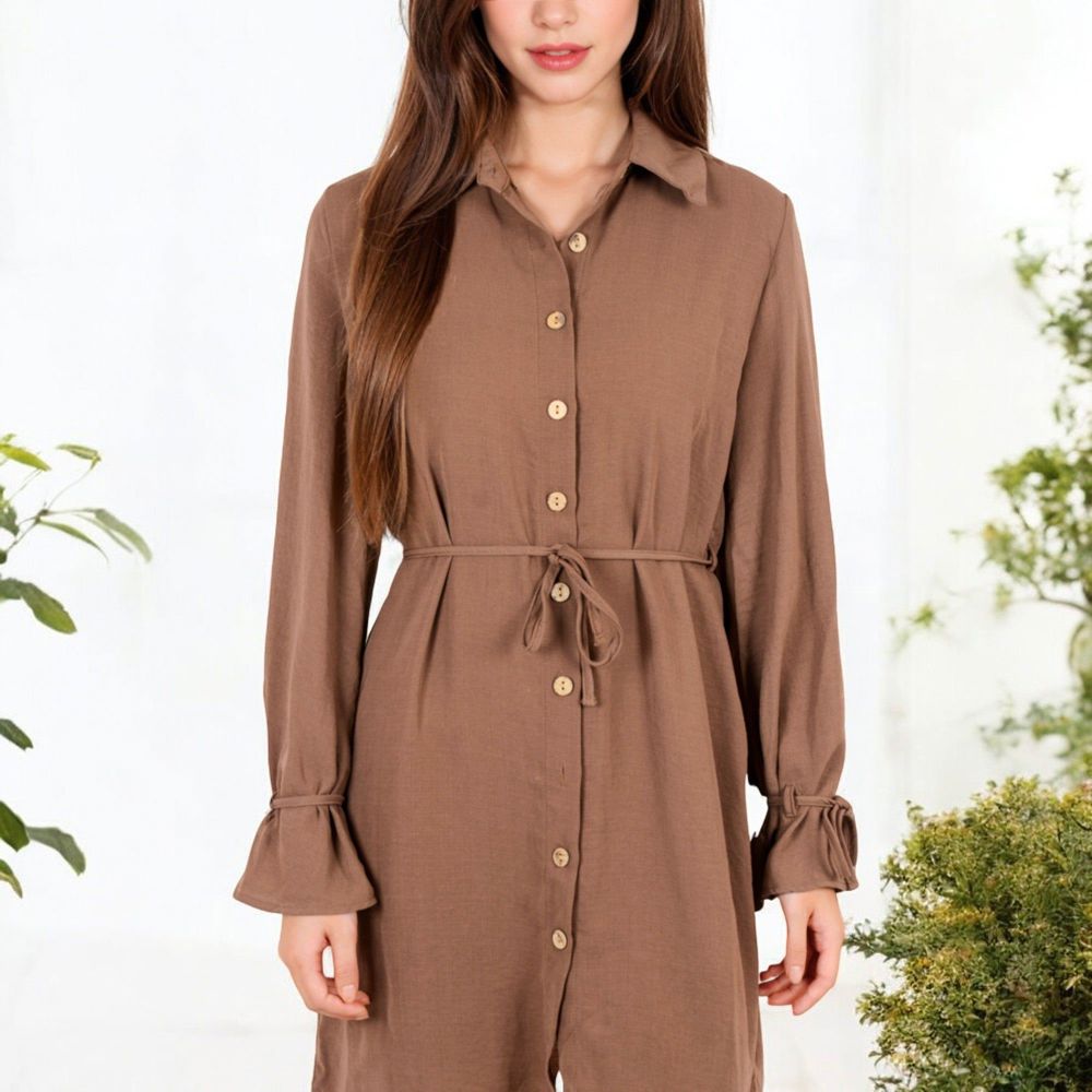 Button-Down Shirt Dress with Tie Waist and Long Sleeves