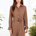  Button-Down Shirt Dress with Tie Waist and Long Sleeves