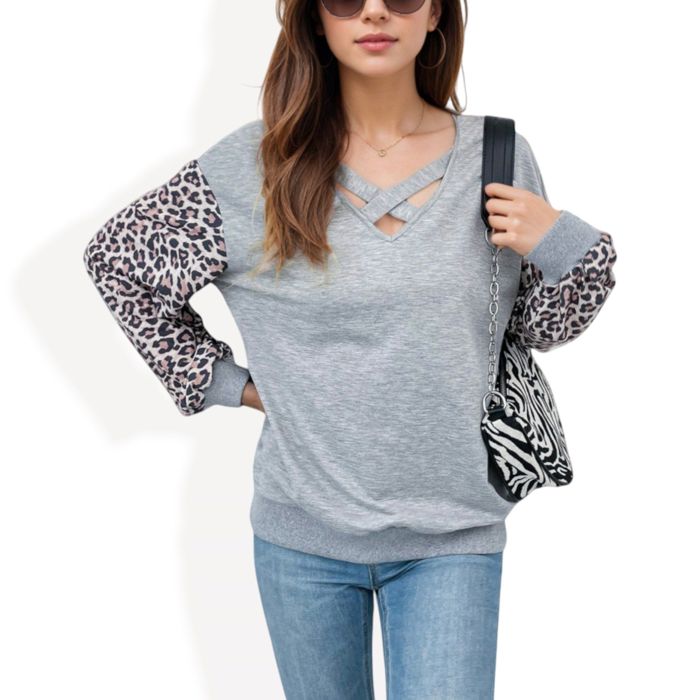 V-Neck Long Sleeve Pullover Top with Comfortable Fabric for Casual Wear