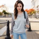 Gray Large V-Neck Long Sleeve Pullover Top with Comfortable Fabric for Casual Wear