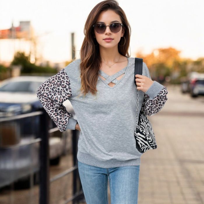 V-Neck Long Sleeve Pullover Top with Comfortable Fabric for Casual Wear