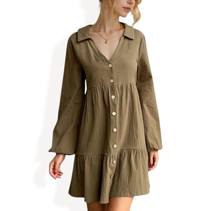 Collared Button-Down Tiered Mini Dress with Long Sleeves