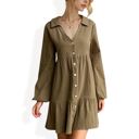 Green Large Collared Button-Down Tiered Mini Dress with Long Sleeves