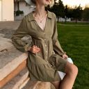 Green Large Collared Button-Down Tiered Mini Dress with Long Sleeves