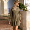 Green Medium Collared Button-Down Tiered Mini Dress with Long Sleeves