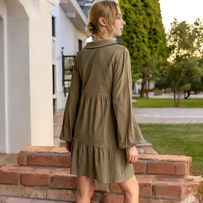 Collared Button-Down Tiered Mini Dress with Long Sleeves