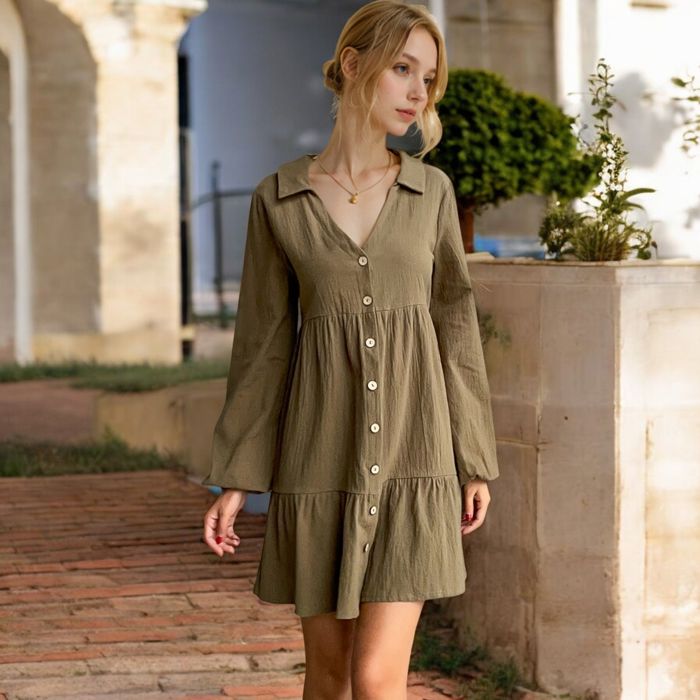 Collared Button-Down Tiered Mini Dress with Long Sleeves