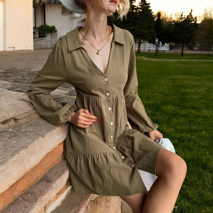 Collared Button-Down Tiered Mini Dress with Long Sleeves