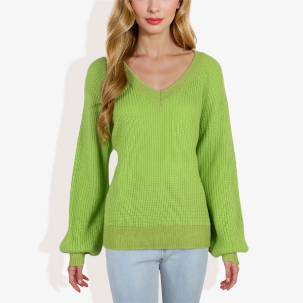 V-Neck Long Sleeve Sweater with Ribbed Cuffs